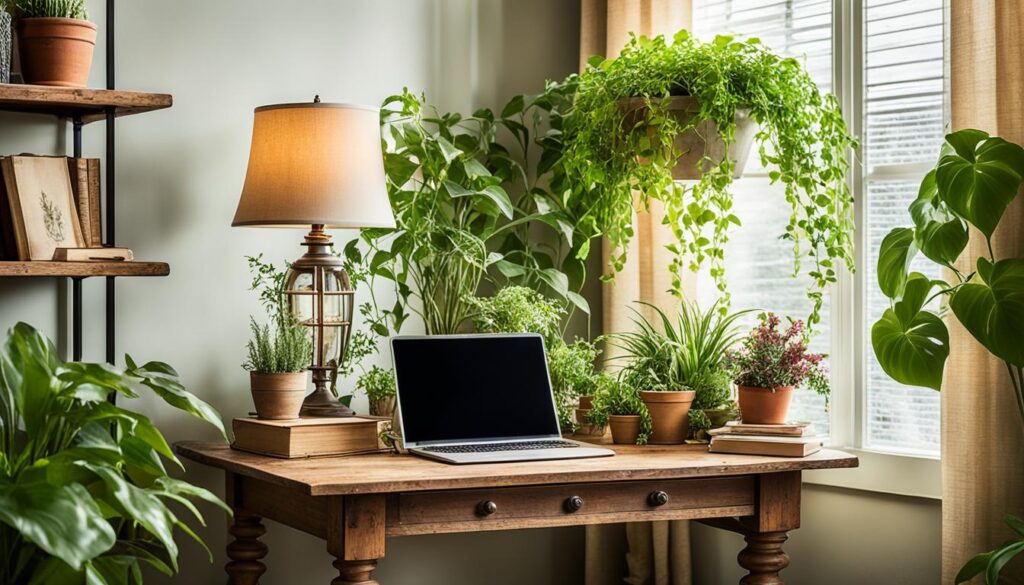 indoor plants and floral decor in a cozy office space