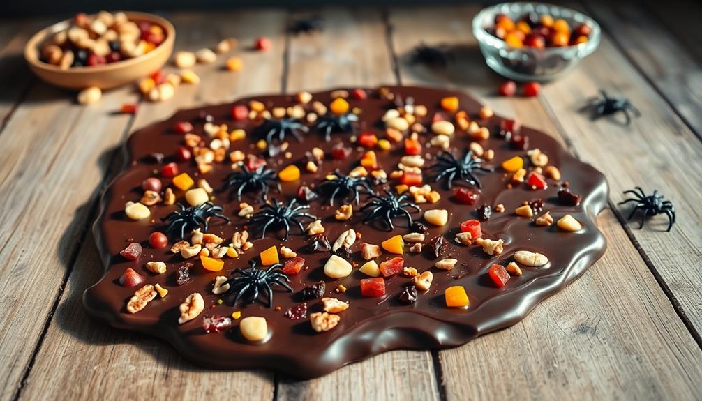 chocolate bark with spiders