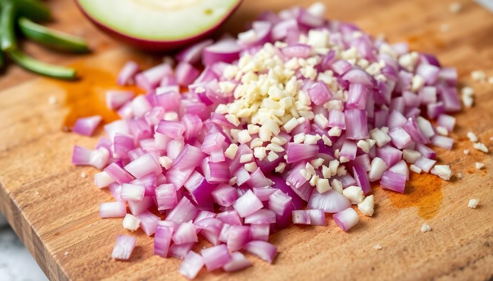 chop onions add garlic